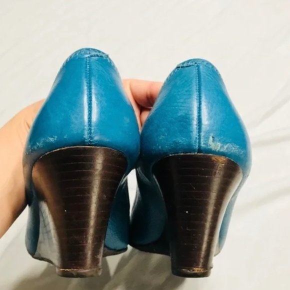 Tory Burch Sally Wedges Leather Miller Logo Teal SZ 10.5 - LIKE NEW! - Picture 5 of 9